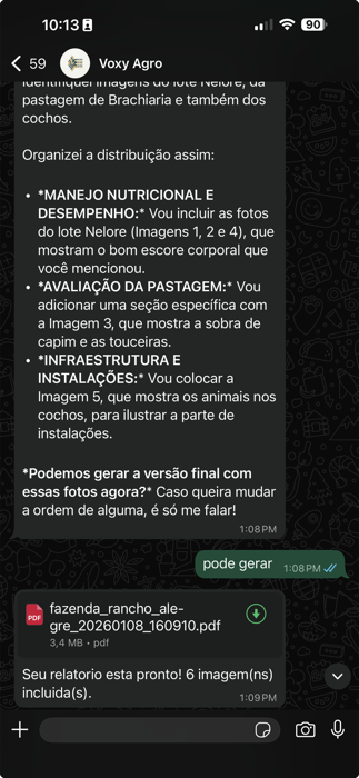 Conversa real com o Voxy Agro gerando relatório técnico